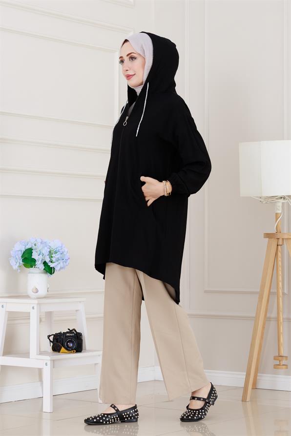 Kapüşonlu Fermuarlı zeze kap-Siyah