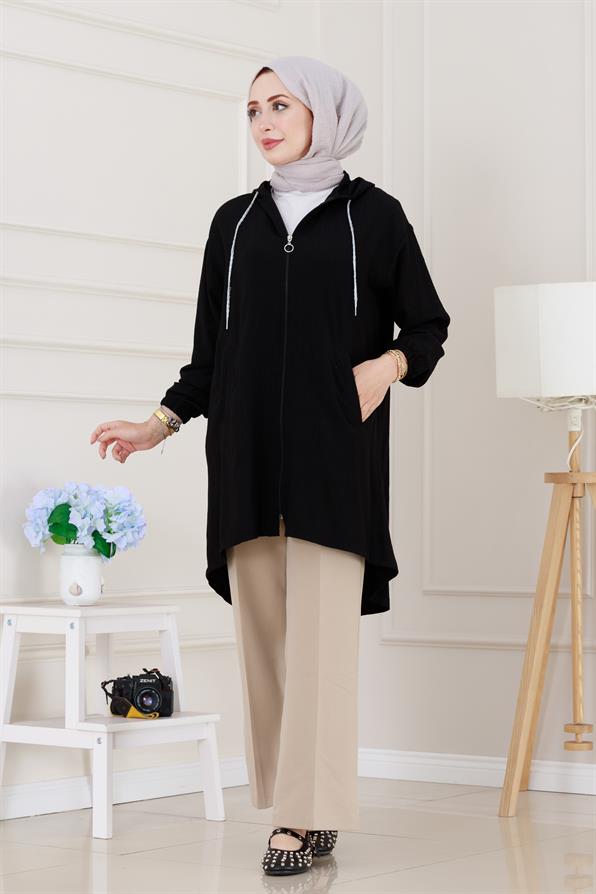 Kapüşonlu Fermuarlı zeze kap-Siyah