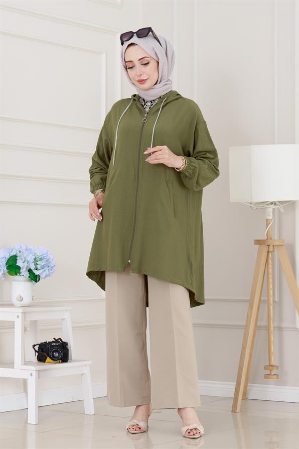 Kapüşonlu Fermuarlı zeze kap-Yeşil