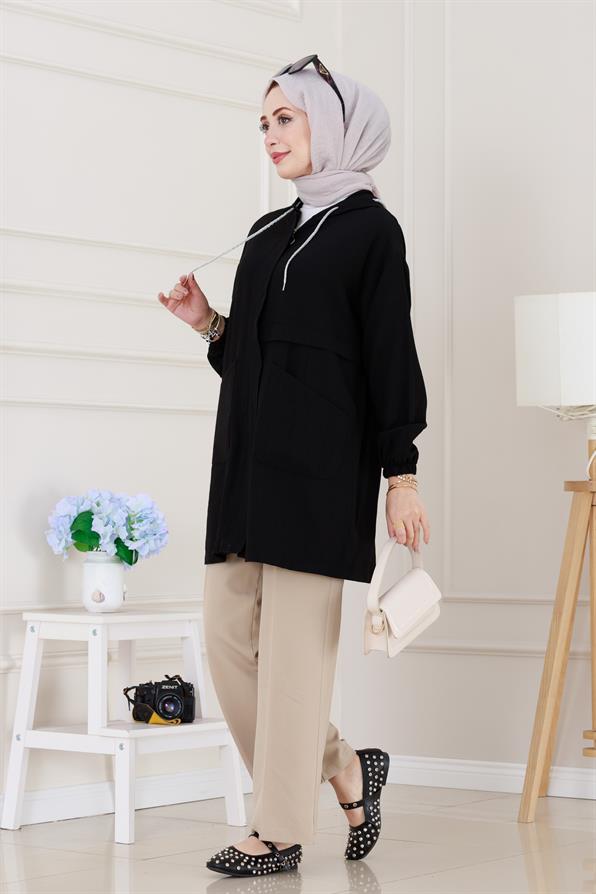 Kapüşonlu Önü Patlı Kap-Siyah