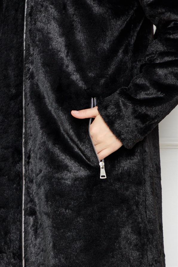 معطف من القطيفة بغطاء رأس-اسود اللون