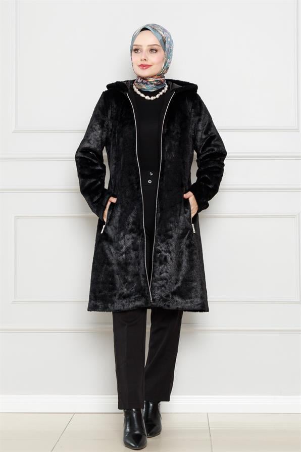 معطف من القطيفة بغطاء رأس-اسود اللون