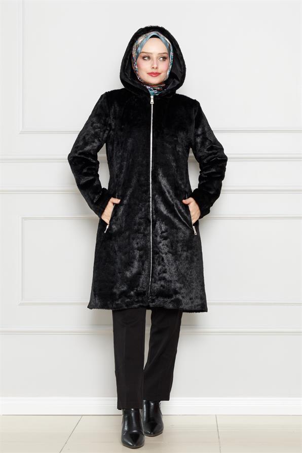 معطف من القطيفة بغطاء رأس-اسود اللون