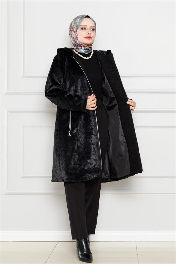 معطف من القطيفة بغطاء رأس-اسود اللون