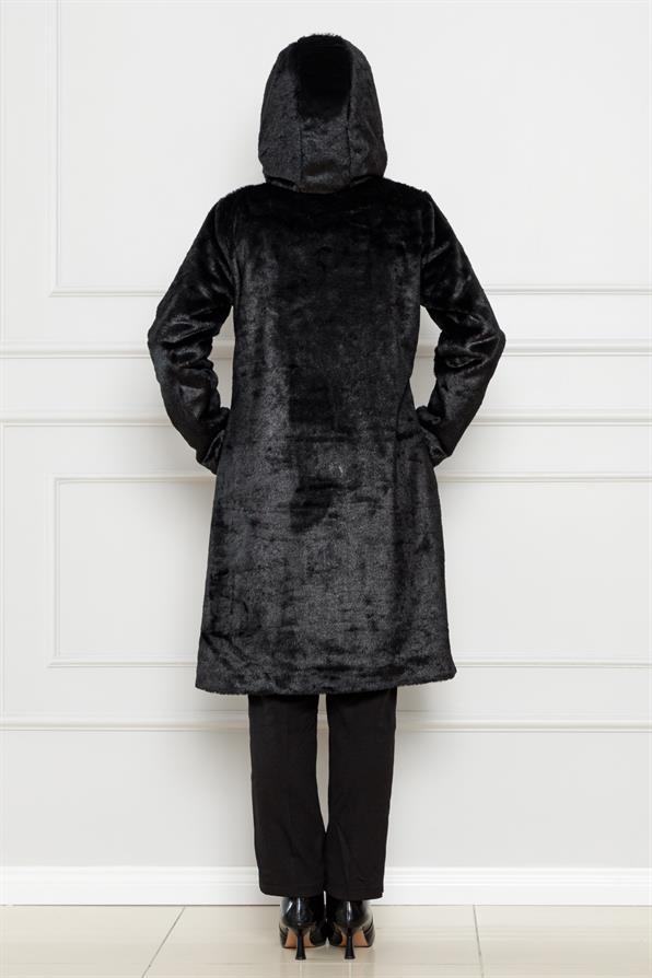 معطف من القطيفة بغطاء رأس-اسود اللون