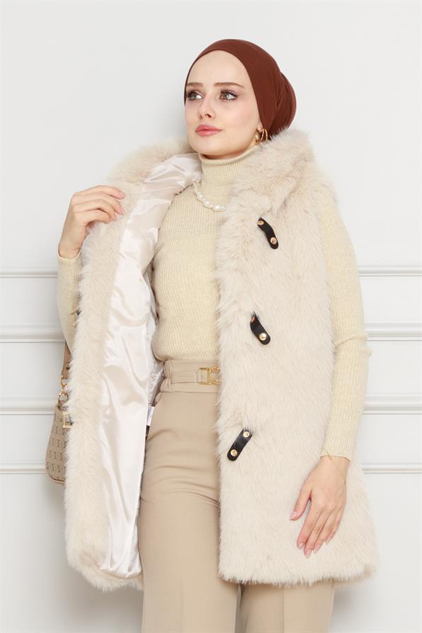 Hooded fur vest-beige color 