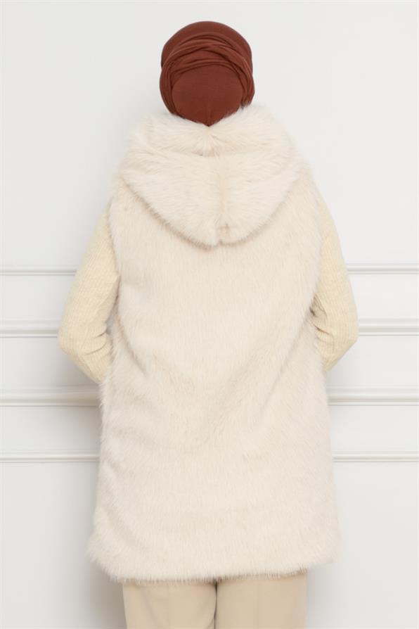 Hooded fur vest-beige color 