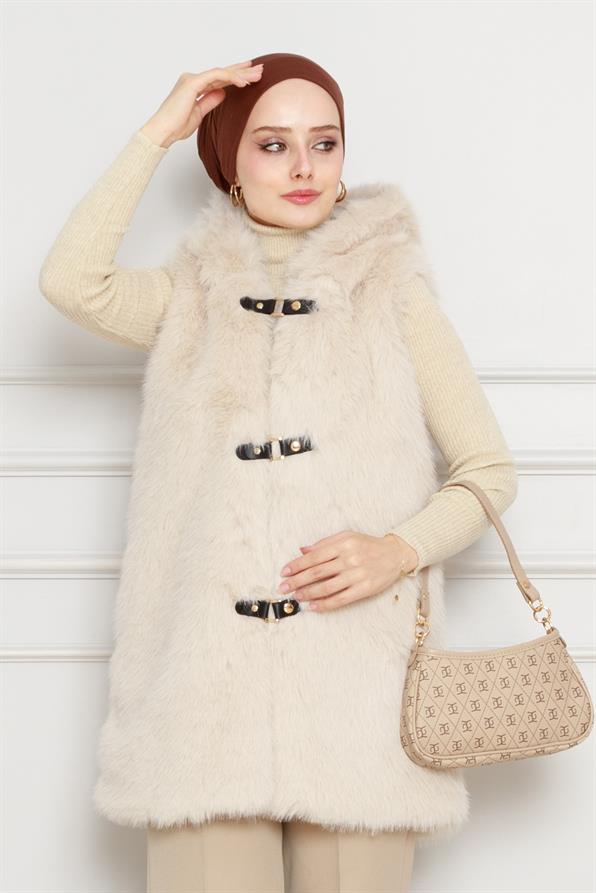 Hooded fur vest-beige color 