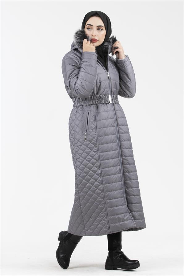Hooded Fur-Trimmed Long Quilted Coat - Gray