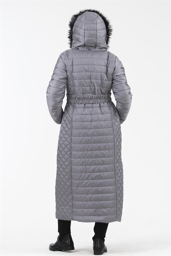 Hooded Fur-Trimmed Long Quilted Coat - Gray