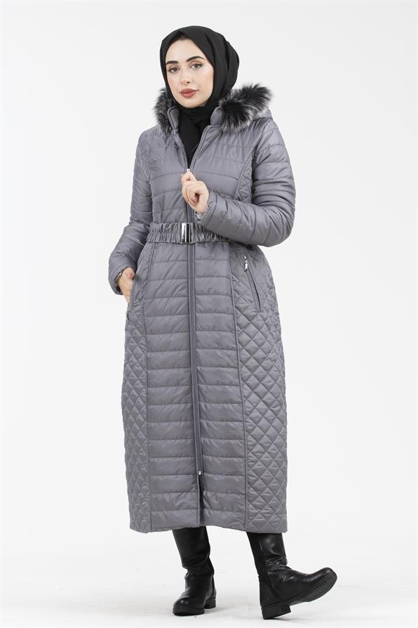 Hooded Fur-Trimmed Long Quilted Coat - Gray