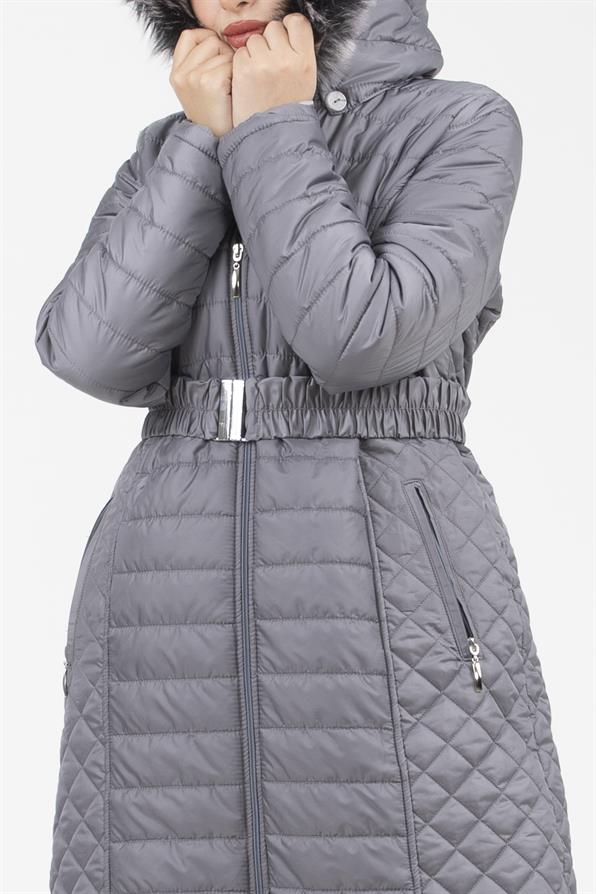 Hooded Fur-Trimmed Long Quilted Coat - Gray