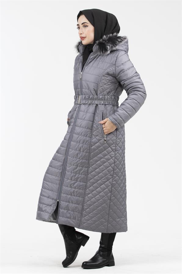 Hooded Fur-Trimmed Long Quilted Coat - Gray