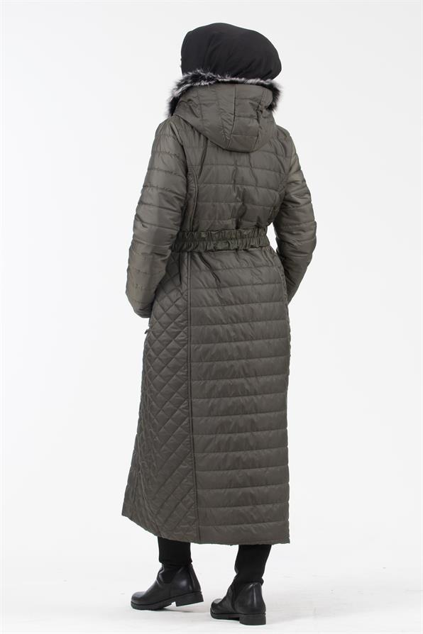 Hooded Fur-Trimmed Long Quilted Coat - Khaki