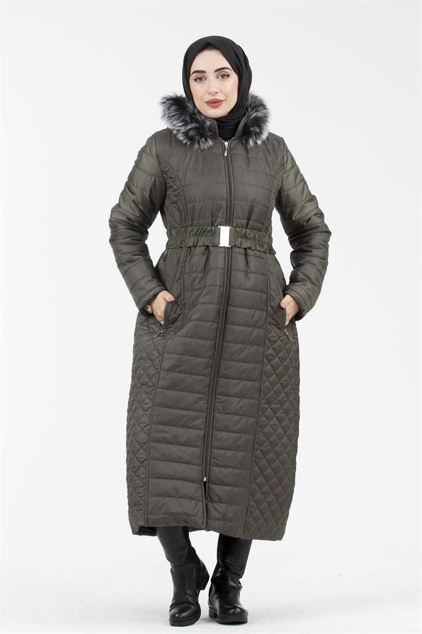 Hooded Fur-Trimmed Long Quilted Coat - Khaki