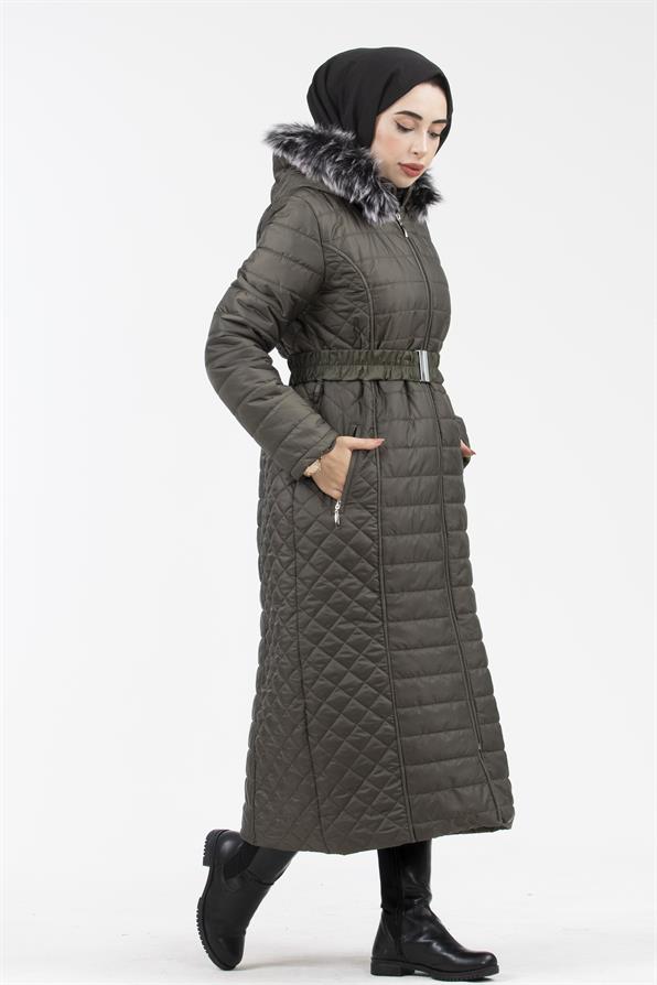 Hooded Fur-Trimmed Long Quilted Coat - Khaki