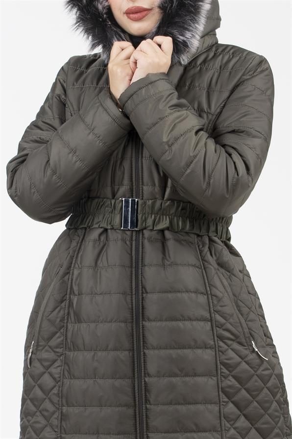 Hooded Fur-Trimmed Long Quilted Coat - Khaki