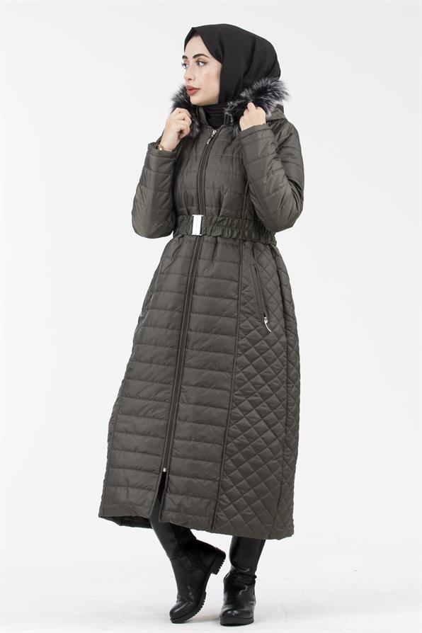 Hooded Fur-Trimmed Long Quilted Coat - Khaki