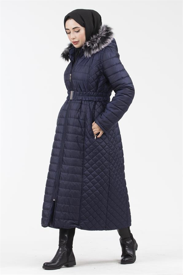 Hooded Fur-Trimmed Long Quilted Coat - Navy Blue