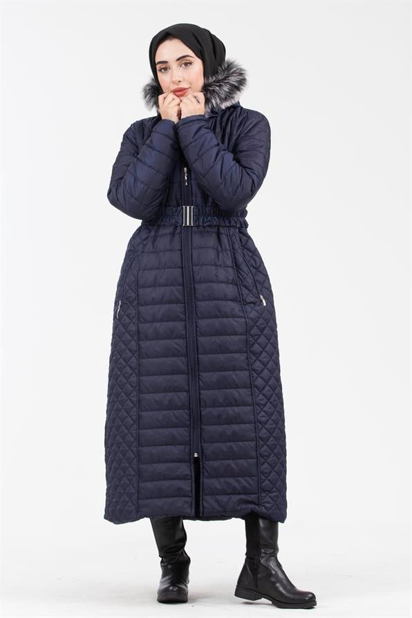 Hooded Fur-Trimmed Long Quilted Coat - Navy Blue