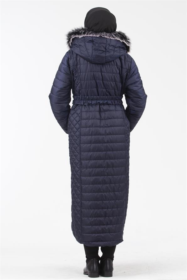 Hooded Fur-Trimmed Long Quilted Coat - Navy Blue