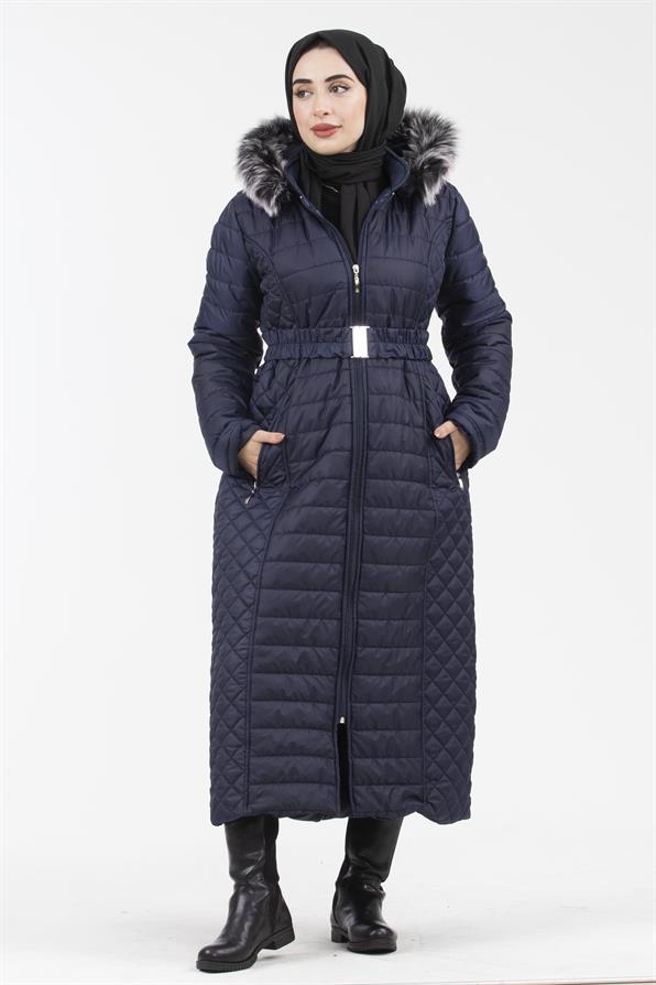 Hooded Fur-Trimmed Long Quilted Coat - Navy Blue