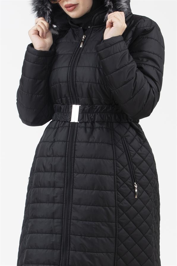 Hooded Fur-Trimmed Long Quilted Coat - Black