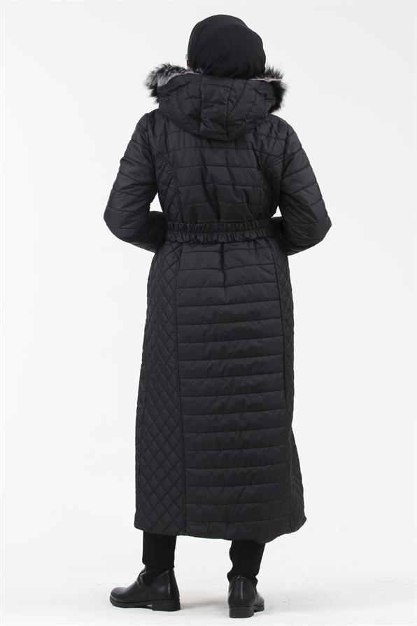 Hooded Fur-Trimmed Long Quilted Coat - Black