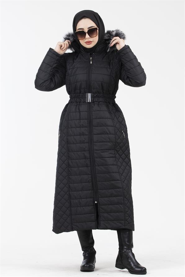 Hooded Fur-Trimmed Long Quilted Coat - Black