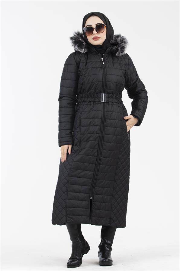 Hooded Fur-Trimmed Long Quilted Coat - Black