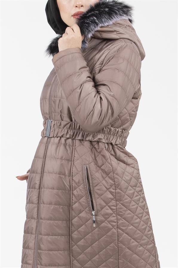 Hooded Fur-Trimmed Long Quilted Coat - Mink