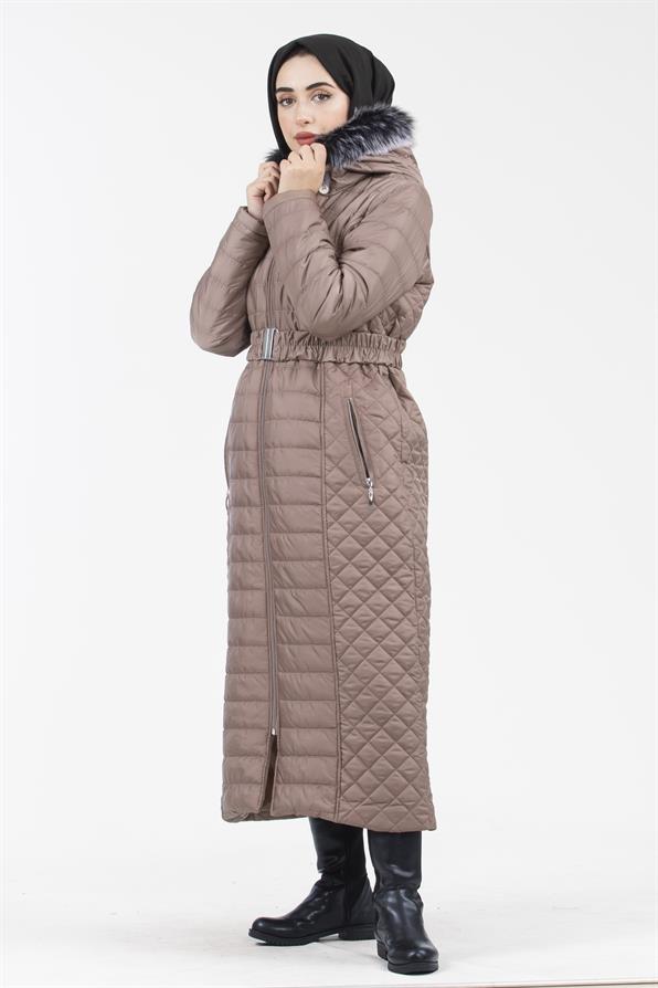 Hooded Fur-Trimmed Long Quilted Coat - Mink