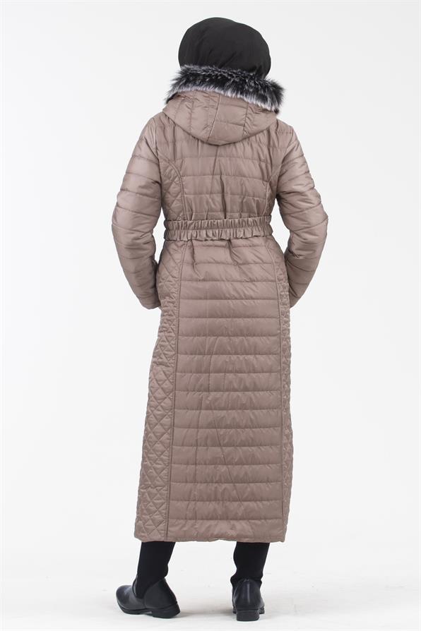 Hooded Fur-Trimmed Long Quilted Coat - Mink