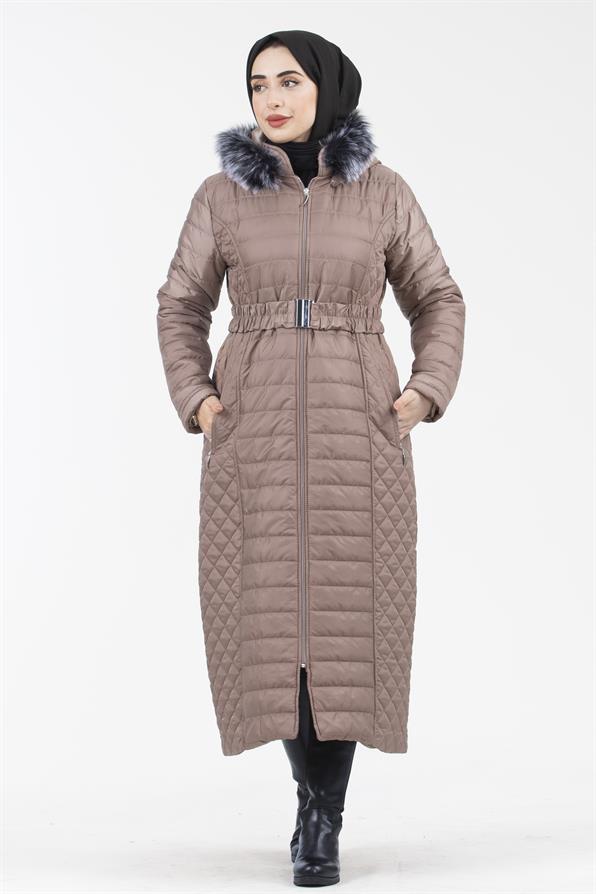 Hooded Fur-Trimmed Long Quilted Coat - Mink