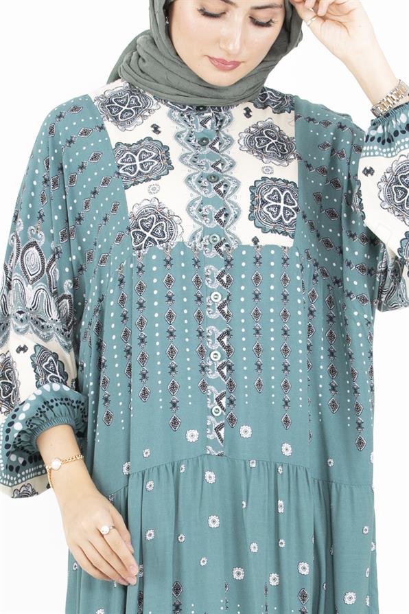 فستان قماش الفيسكوز بنمط مختلط - لون النعناع الأخضر