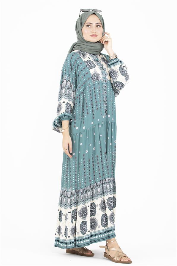 فستان قماش الفيسكوز بنمط مختلط - لون النعناع الأخضر