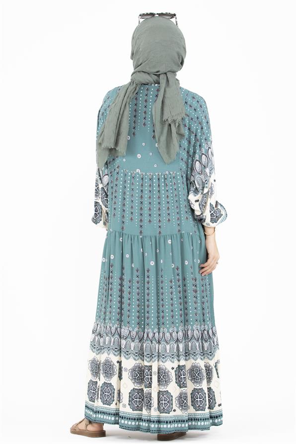 فستان قماش الفيسكوز بنمط مختلط - لون النعناع الأخضر