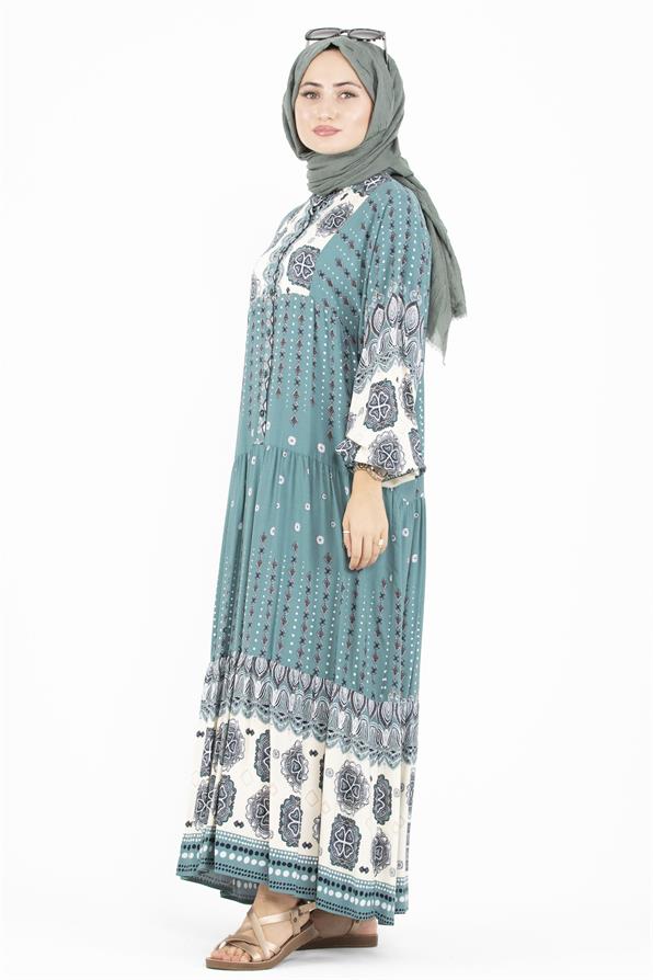 فستان قماش الفيسكوز بنمط مختلط - لون النعناع الأخضر