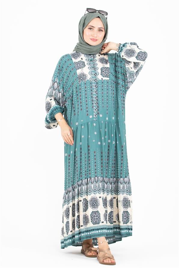 فستان قماش الفيسكوز بنمط مختلط - لون النعناع الأخضر