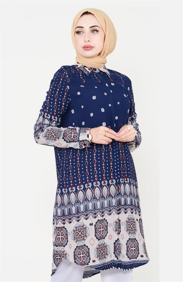 Mixed Patterned Viscose Tunic - Navy Blue