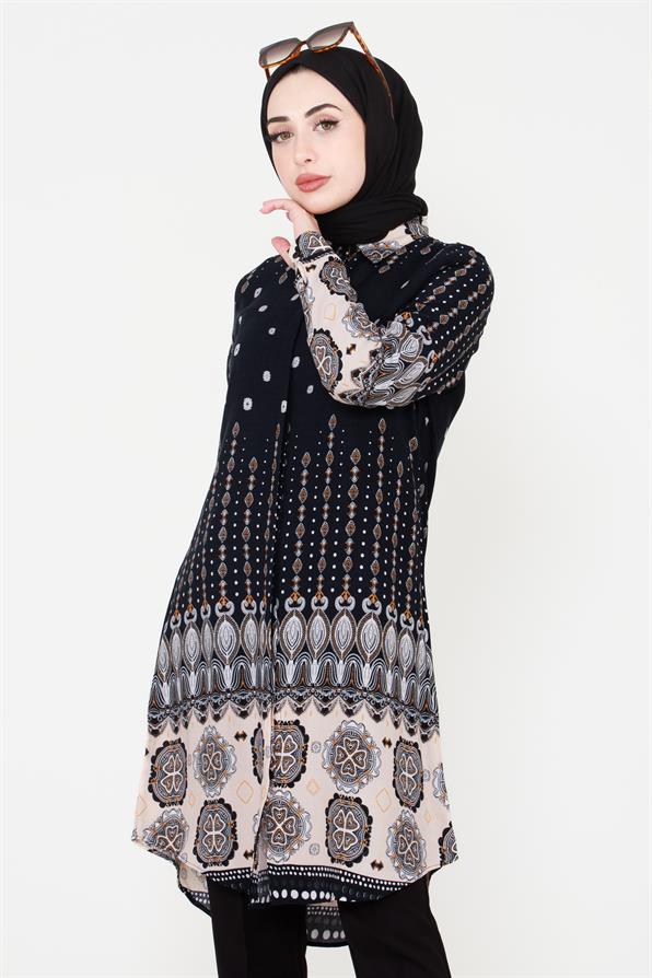 Mixed Patterned Viscose Tunic - Black