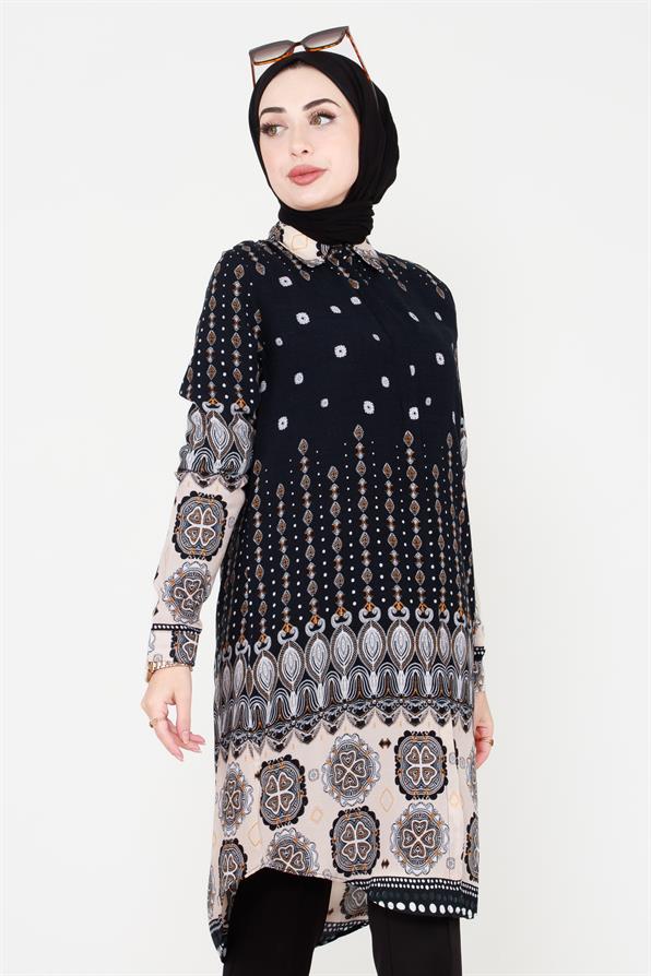 Mixed Patterned Viscose Tunic - Black