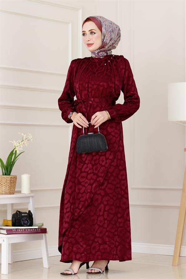 فستان سهرة ساتان  بتفاصيل متعددة الطبقات -بوردواللون