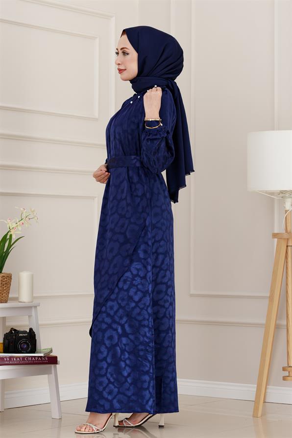 فستان سهرة ساتان  بتفاصيل متعددة الطبقات -أزرق اللون