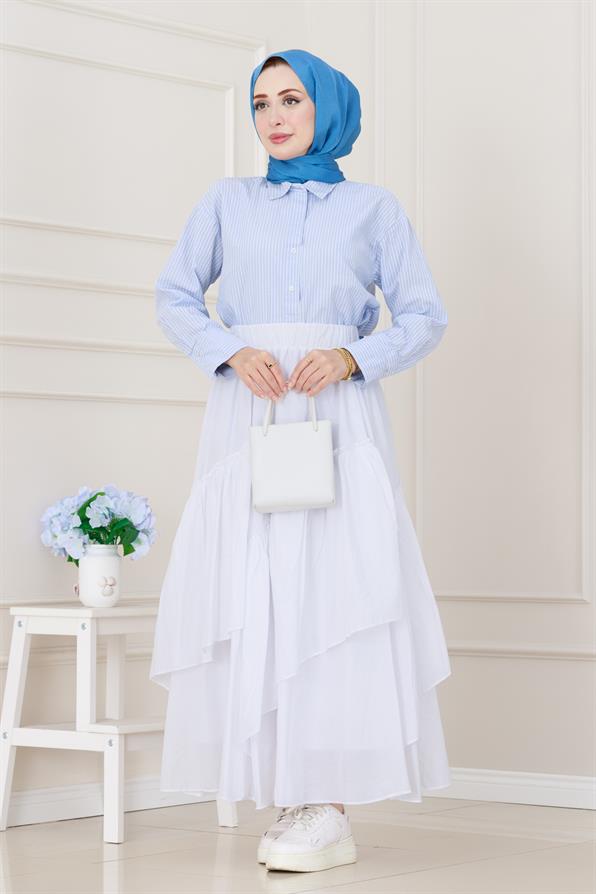 Katlı Botto Vual Etek-Beyaz
