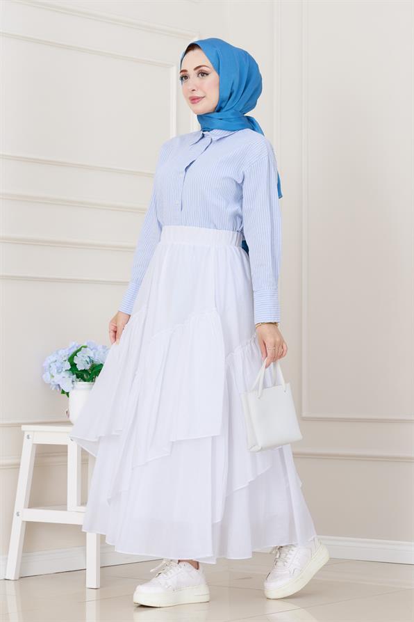 Katlı Botto Vual Etek-Beyaz