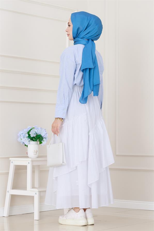 Katlı Botto Vual Etek-Beyaz