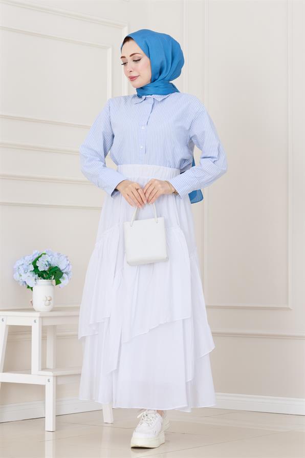 Katlı Botto Vual Etek-Beyaz