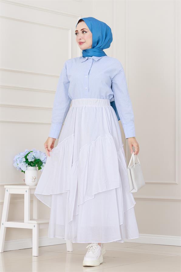 Katlı Botto Vual Etek-Beyaz