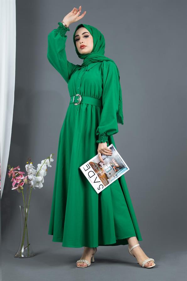 Belt Detailed Elinna Dress-Bentton Green